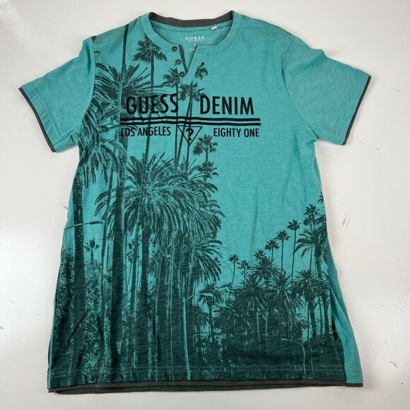 Guess Denim Henley T-Shirt Men's Teal‎ knit Short Sleeve Palm Trees LA Sz L - Picture 2 of 14